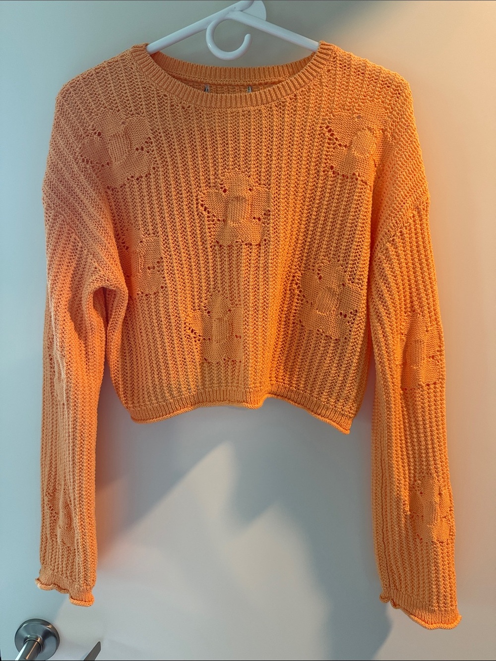 Cropped Open-Knit Floral Sweater - Orange
